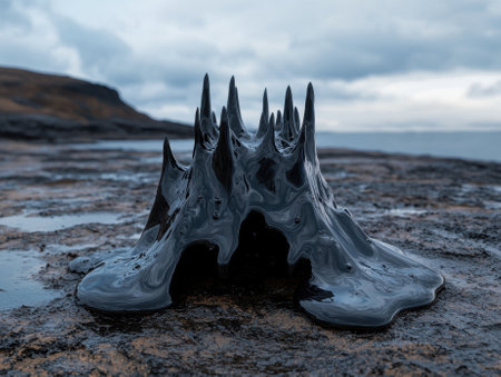 Abstract black oil spill on a rocky landscape.の素材