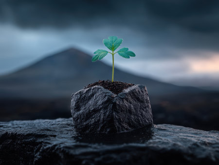 A small plant growing out of a rock in a desolate landscape.の素材