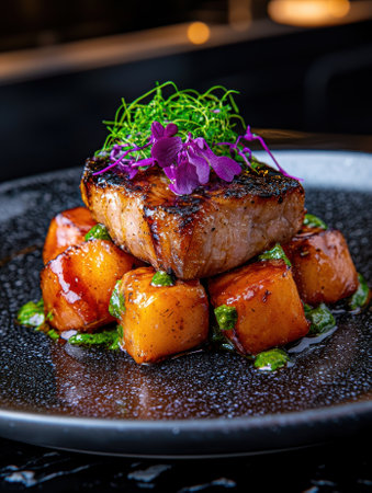 A gourmet dish featuring steak, potatoes, and a vibrant green sauce.の素材