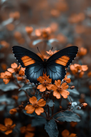 A butterfly rests on vibrant orange flowers.の素材