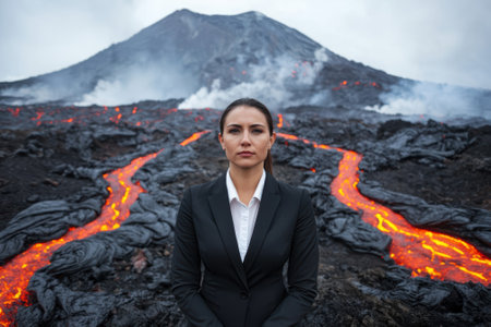 A businesswoman stands defiantly in front of an erupting volcano.の素材