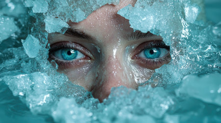 Close up of a woman's face surrounded by ice.の素材