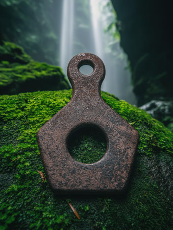 A weathered metal pendant rests on mossy rock near a waterfall.の素材