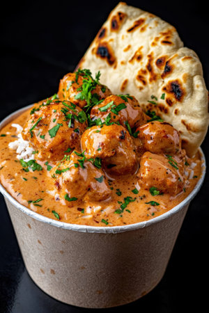 Delicious butter chicken with naan bread.の素材