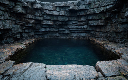 Deep well with stone walls filled with water.の素材