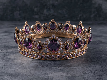A golden crown with purple jewels on a dark background.の素材