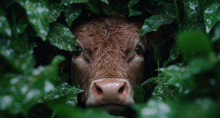 A brown cow surrounded by lush green leaves.の素材