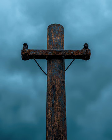 An old wooden utility pole stands against a cloudy sky.の素材