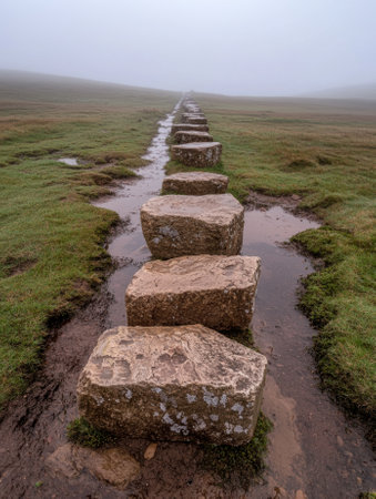 Stepping stones lead through a misty moor landscape.の素材