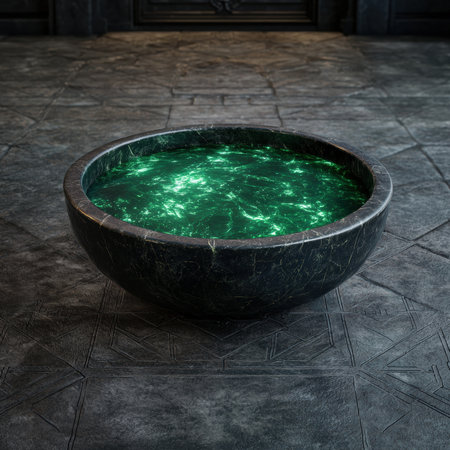 A bowl of glowing green liquid in a stone room.の素材