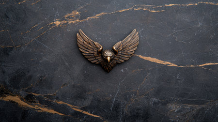 Bronze eagle emblem on dark marble background with gold veins.の素材