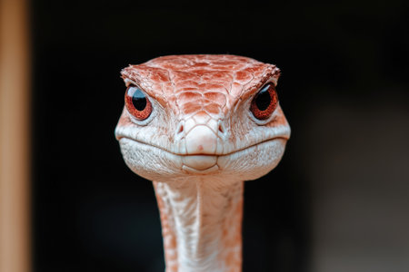 Close-up of a snake's head with red eyes.の素材