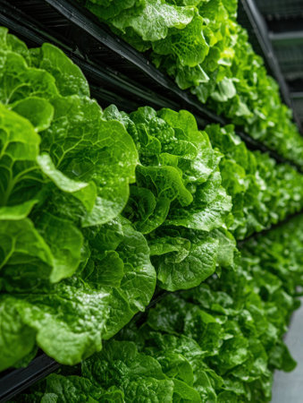 Rows of fresh green lettuce growing indoors.の素材