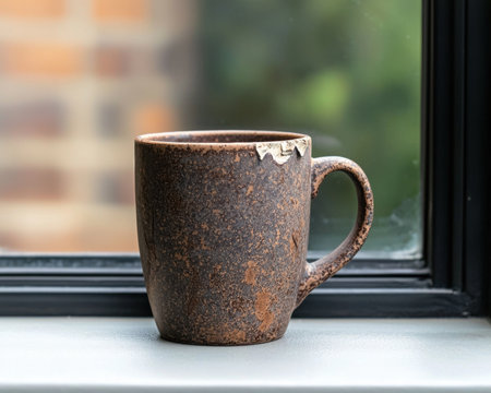 A brown ceramic mug sits on a windowsill.の素材