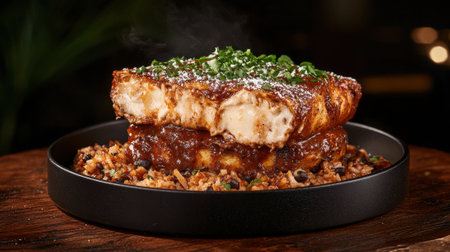 A delicious dish of stacked fish with rice and beans.の素材