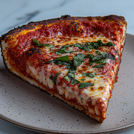 A slice of delicious pizza with fresh basil on a plate.の素材