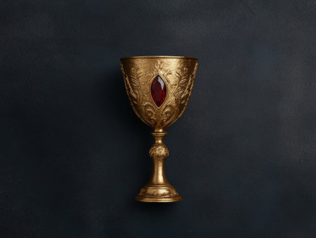 Ornate golden goblet with a red gem on a dark background.の素材