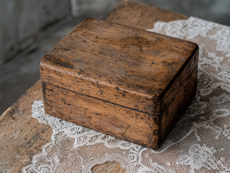 An old wooden box sits on a lace cloth.の素材