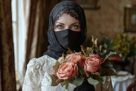 Woman in a headscarf and face mask holding a bouquet of roses.の素材