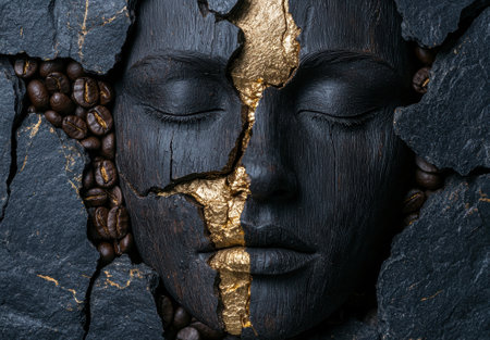 Abstract face sculpture with gold leaf and coffee beans.の素材