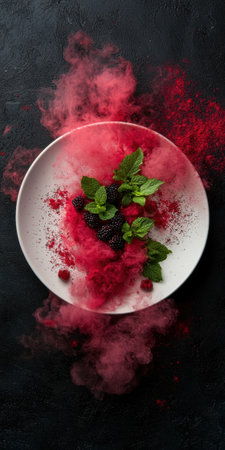 Elegant dessert presentation with berries, mint, and red powder on a white plate.の素材