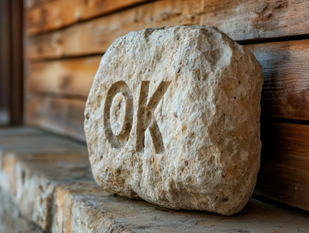 Stone with the word OK carved into it, sitting on a stone surface against a wooden wall.の素材