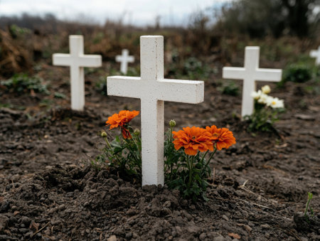Graves marked with white crosses and orange flowers.の素材