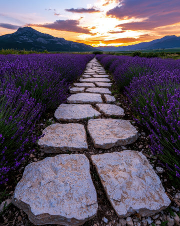 Stone path through lavender fields at sunset.の素材