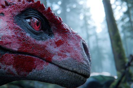 Close up of a red dinosaur head in a forest.の素材
