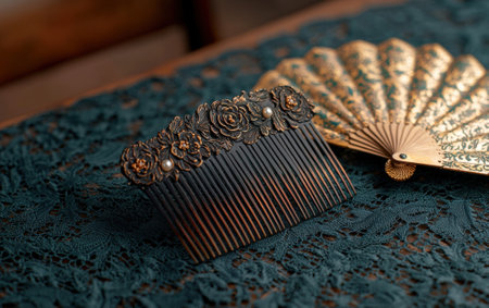 Vintage hair comb and fan on a lace tablecloth.の素材