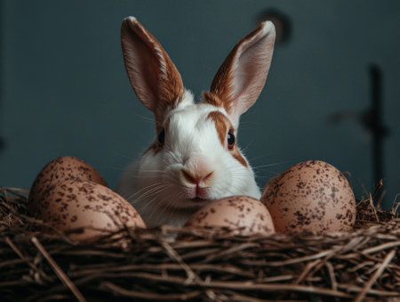 A cute rabbit sits in a nest surrounded by speckled eggs.の素材
