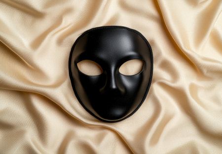 Black mask on satin fabric, a symbol of mystery and anonymity.の素材