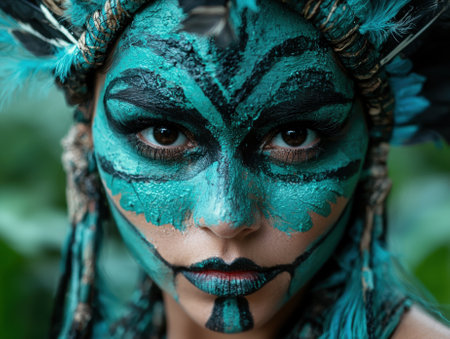 A woman with striking blue and black tribal face paint.の素材
