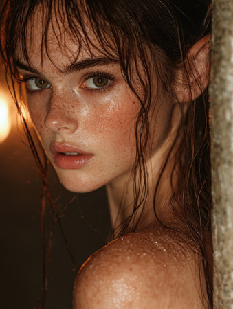 Portrait of a beautiful woman with freckles and wet hair.の素材