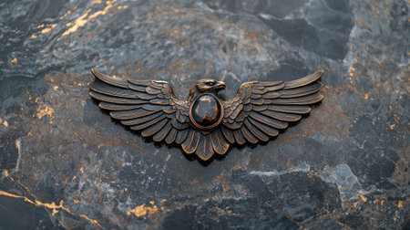 Bronze eagle emblem on marble background.の素材