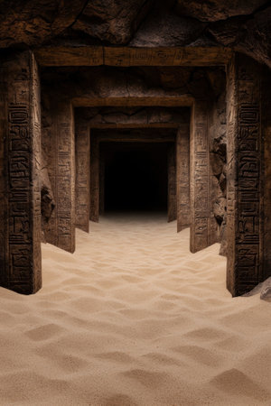 Egyptian tomb with hieroglyphs and sand.の素材
