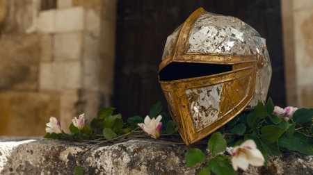 A golden helmet sits on a stone ledge surrounded by flowers.の素材