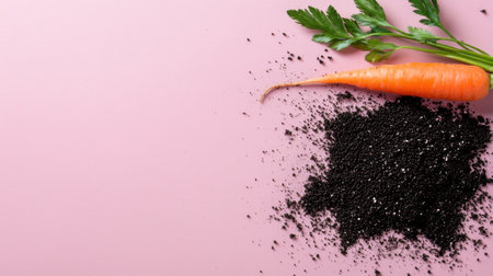 Fresh carrot with green leaves and soil on a pink background.の素材