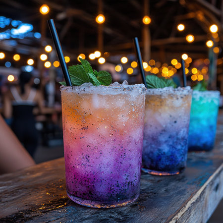 Colorful cocktails with ice and mint on a bar.の素材