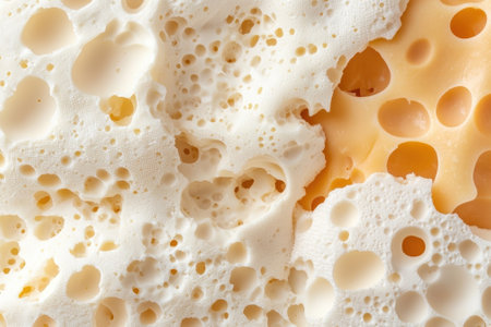 Close up of a cheese with holes.の素材