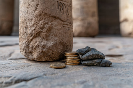 Ancient coins and stones near a weathered pillar.の素材