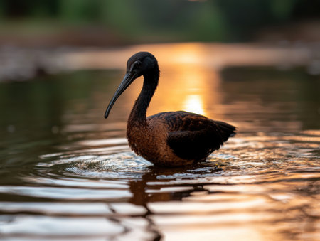 Glossy ibis wading in a shallow body of water at sunset.の素材