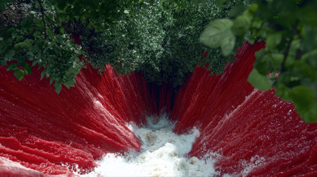 A vibrant red waterfall cascading into a pool of white water, surrounded by lush green foliage.の素材