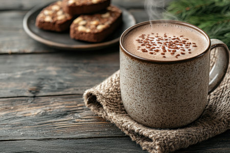A mug of hot chocolate with cookies and a knitted coaster on a wooden table.の素材