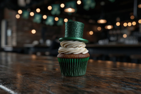 A festive cupcake with a green glittery hat on a wooden table, perfect for St. Patrick's Day.の素材