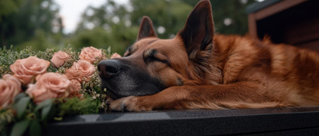 A german shepherd rests its head on a bouquet of roses.の素材