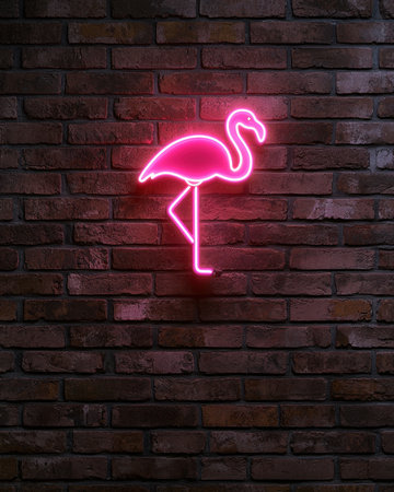 Pink neon flamingo sign on a brick wall.の素材