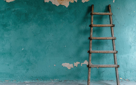 Rustic wooden ladder against a textured teal wall.の素材