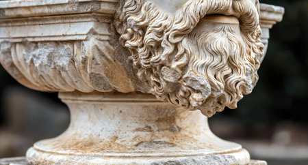 Close-up of an ancient stone sculpture with intricate beard detail.の素材