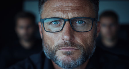 Serious man wearing glasses with two blurred men in the background.の素材